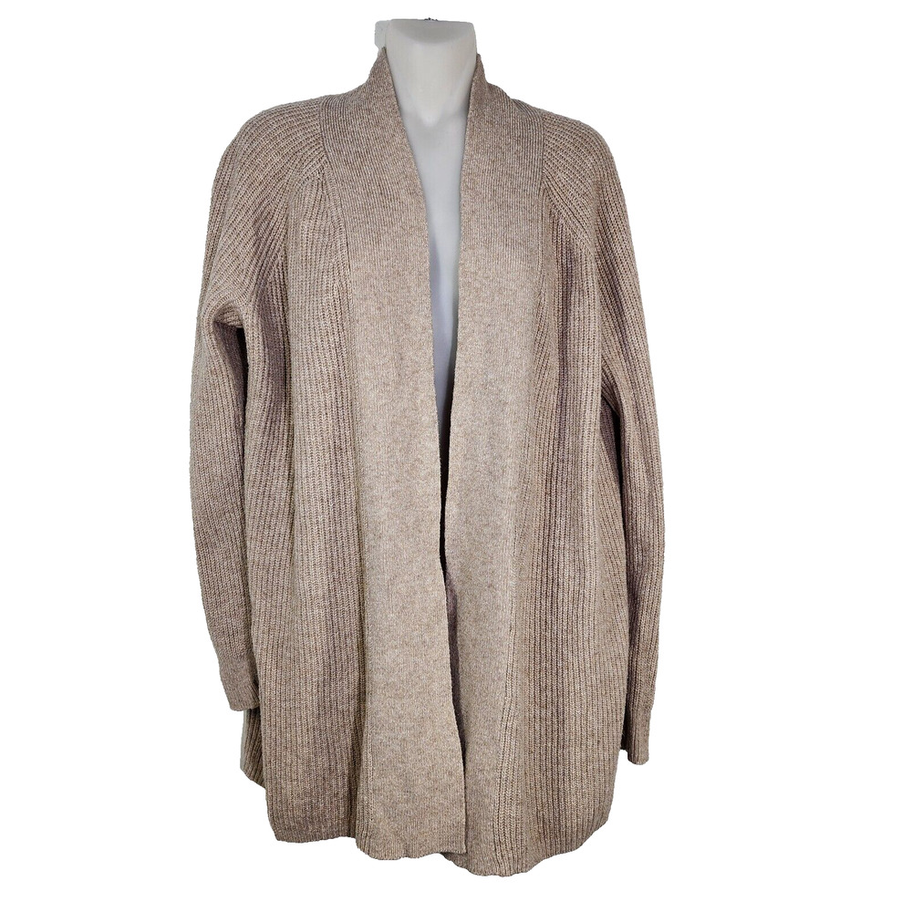 Loft Womens Cardigan Small Ribbed Open Front Wool Blend Tan Long Sleeve Swingy